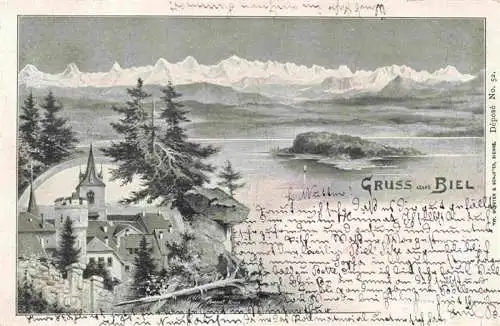AK / Ansichtskarte  Biel_Bienne_BE Motiv Altstadt Bielersee Alpenpanorama Kuenstlerkarte