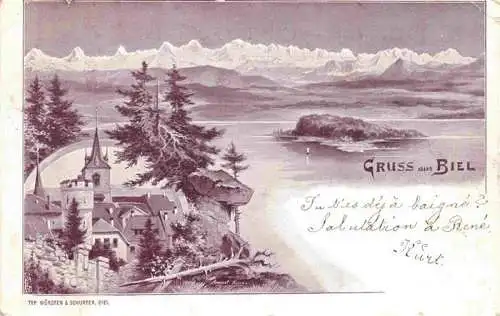 AK / Ansichtskarte  Biel_Bienne_BE Motiv Altstadt Bielersee Alpenpanorama Kuenstlerkarte