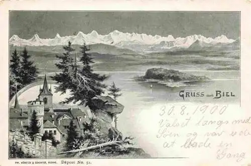 AK / Ansichtskarte  Biel_Bienne_BE Motiv Altstadt Bielersee Alpen Kuenstlerkarte