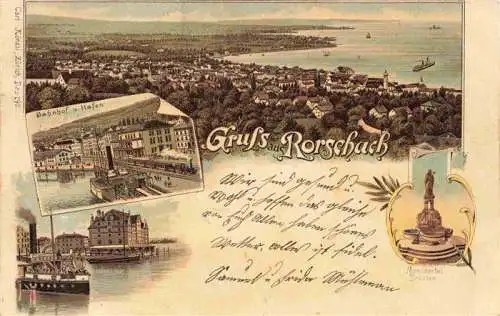 AK / Ansichtskarte  RORSCHACH_Bodensee_SG Panorama Bahnhof Hafen Monumental-Brunnen Litho