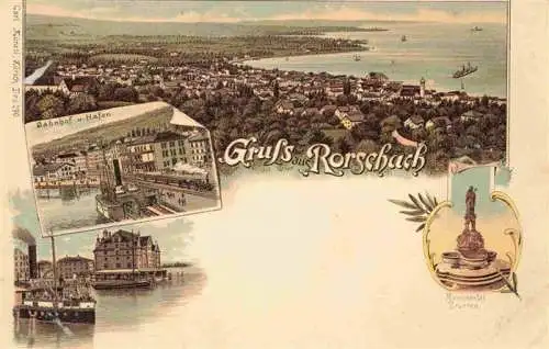 AK / Ansichtskarte  RORSCHACH_Bodensee_SG Panorama Bahnhof Hafen Monumental-Brunnen Litho