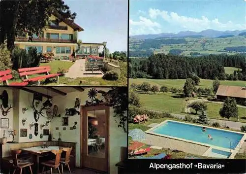 AK / Ansichtskarte 73989936 Manzen_Allgaeu Alpengasthof Pension Cafe Bavaria Terrasse Gaststube Schwimmbad