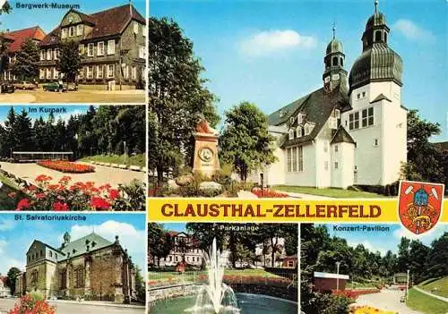 AK / Ansichtskarte 73990333 Clausthal-Zellerfeld_Goslar Bergwerk Museum Im Kurpark St Salvatoriuskirche Parkanlage Konzert Pavillon