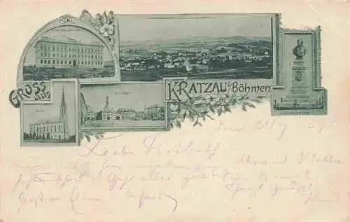 AK / Ansichtskarte  Kratzau_Chrastava_Boehmen_CZ Panorama Neues Schulgebaeude Kirche Marktplatz