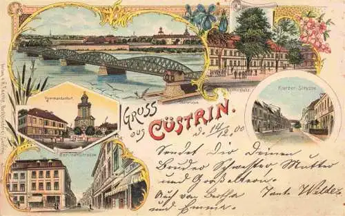 AK / Ansichtskarte  Cuestrin-Neustadt_Kuestrin_Ostbrandenburg_Kostrzyn_PL Panorama Oderbruecke Platz Strassenpartie Kommandantur Litho