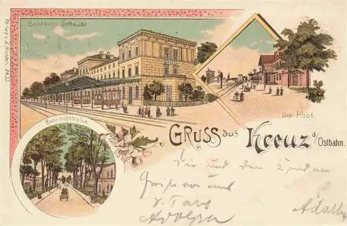 AK / Ansichtskarte  Kreuz_Ostbahn_Pommern_Krzyz_PL Bahnhofgebaeude Post Bahnhofstrasse Litho