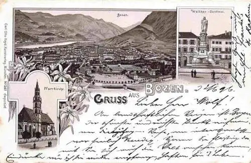 AK / Ansichtskarte  Bozen_BOLZANO_Suedtirol_IT Panorama Walther-Denkmal Pfarrkirche Litho