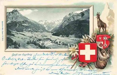 AK / Ansichtskarte  Engelberg__OW Panorama Alpen Bilderrahmen Gemse Bergsteiger-Ausruestung Wappen Edelweiss