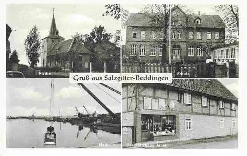 AK / Ansichtskarte 73991584 Beddingen_Salzgitter_Niedersachsen Kirche Schule Hafen Geschaeftshaus Jahns