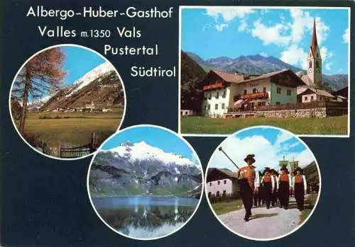 AK / Ansichtskarte  Vals_Valles_Suedtirol_IT Albergo Huber Gasthof Kirche Seepartie Trachtengruppe