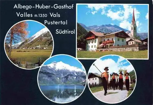 AK / Ansichtskarte  Vals_Valles_Suedtirol_IT Albego Huber Gasthof Dolomiten Alto Adige Kirche Trachtengruppe