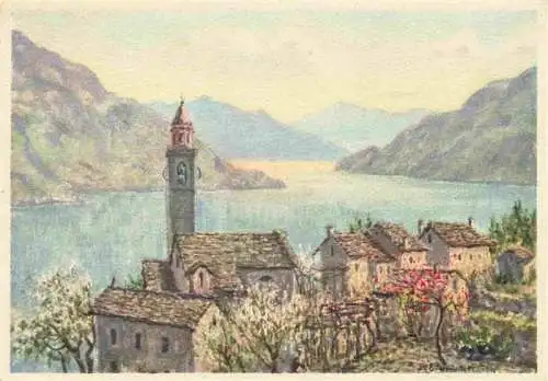 AK / Ansichtskarte  Ronco_Ascona_Locarno_Lago_Maggiore_TI Teilansicht mit Kirche Kuenstlerkarte