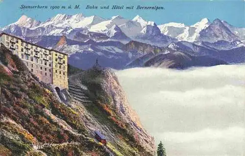 AK / Ansichtskarte 13992802 Stanserhorn_1898m_NW Bahn und Hotel mit Berneralpen