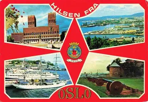 AK / Ansichtskarte 73993201 Oslo__Norge Radhuset Fliegeraufnahme Hafen Segelschiff Kanonen