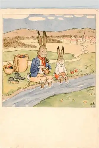 AK / Ansichtskarte 73993544 Ostern_Easter_Paques_Pasqua Hasen Eierkorb Fluss 