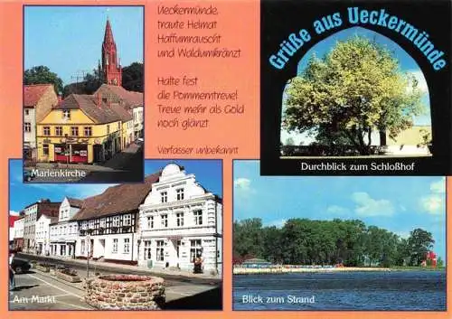 AK / Ansichtskarte 73993580 Ueckermuende_Mecklenburg_Vorpommern Marienkirche Am Markt Durchblick zum Schlosshof Strandpartie