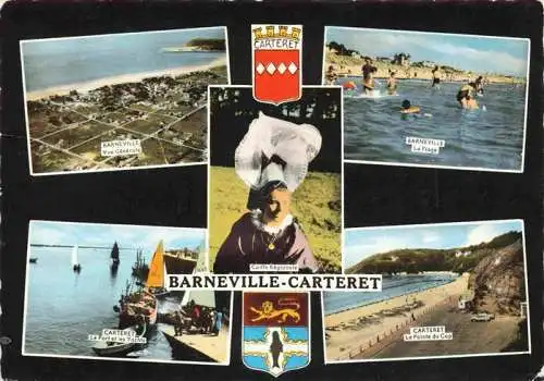 AK / Ansichtskarte  Barneville-Carteret Vue generale aerienne La Plage Le Port et les Yachts Coiffe Regionale La Pointe de Cap