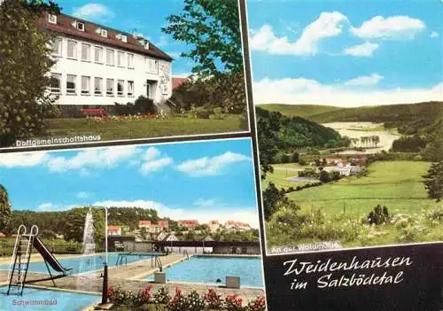 AK / Ansichtskarte  Weidenhausen_Gladenbach_Salzboedetal Panorama Waldmuehle Dorfgemeinschaftshaus Schwimmbad Freibad