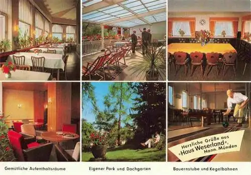 AK / Ansichtskarte 73994818 Hann._Muenden Hotel Restaurant Haus Weserland Kegelbahn Garten