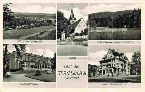 AK / Ansichtskarte 73994895 Bad_Sachsa_Harz Blick vom Warteberg Schmelzteich mit Katzenstein Kurmittelhaus Hotel Schuetzenhaus Kirche
