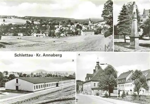 AK / Ansichtskarte  Schlettau_Erzgebirge Panorama Postmeilensaeule LPG Pflanzenproduktion Lenin Marktplatz mit Rathaus