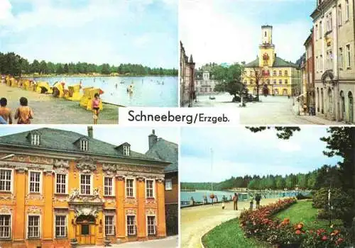 AK / Ansichtskarte  Schneeberg__Erzgebirge_Sachsen Waldstrandbad Filzteich Ernst Thaelmann Platz mit Rathaus Museum fuer bergmaenn Volkskunst Waldstrandbad