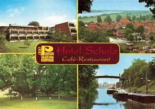 AK / Ansichtskarte  Hitzacker_Elbe Hotel Scholz Cafe Restaurant Panorama Park Bootsliegeplatz