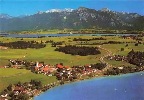 AK / Ansichtskarte  Hopfen_See_Fuessen_Bayern Fliegeraufnahme mit Hochplatte Tegelberg Straussberg und Schloss Neuschwanstein