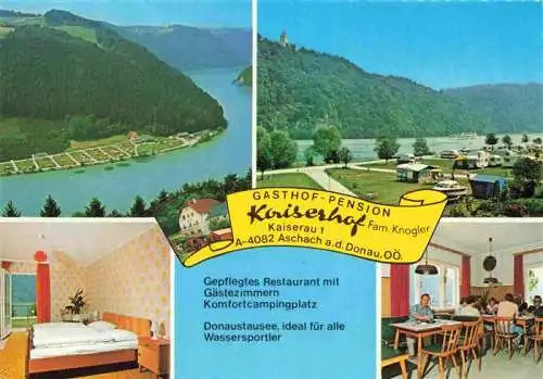 AK / Ansichtskarte  Aschach_Donau_Oberoesterreich_AT Fliegeraufnahme Gasthof Pension Kaiserhof Gaststube Zimmer Campingplatz