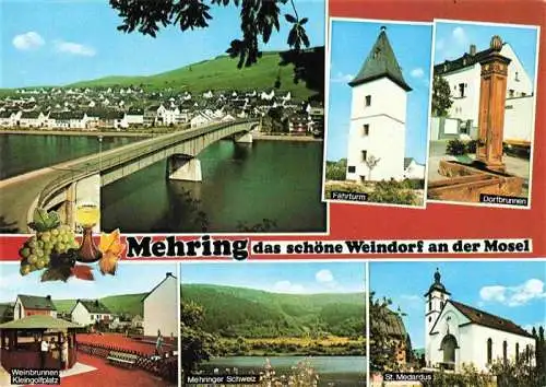 AK / Ansichtskarte  Mehring_Mosel Moselbruecke Faehrturm Dorfbrunnen Weinbrunnen Kleingolf Mehringer Schweiz St Medardus