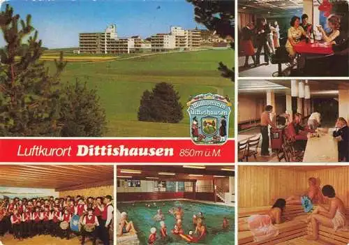 AK / Ansichtskarte  Dittishausen_Loeffingen Hochhaeuser Hotel Kegelbahn Trachtengruppe Hallenbad Sauna