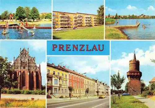 AK / Ansichtskarte  Prenzlau_Brandenburg Freibad am Uckersee Neubauten Blick zur Stadt St. Marienkirche Puschkinstrasse Mitteltorturm