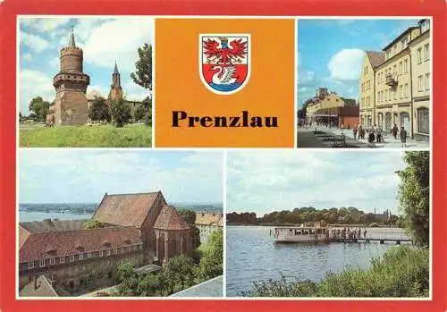 AK / Ansichtskarte  Prenzlau_Brandenburg Mitteltorturm Heilig-Geist-Kapelle Strasse der Republik Fussgaengerzone Ehemaliges Dominikanerkloster MS Uckerperle Unterer Uckersee