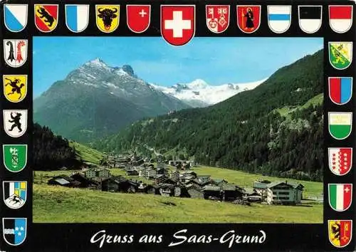 AK / Ansichtskarte  Saas-Grund_VS Panorama Blick gegen Mittaghorn Egginer und Allalin Walliser Alpen Wappen