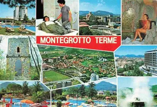 AK / Ansichtskarte  Montegrotto_Terme_Veneto_IT Freibad Moorbad Grotte Fliegeraufnahme Turmruine Heisser Brunnen