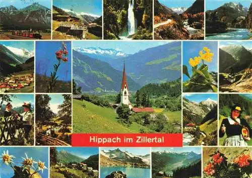 AK / Ansichtskarte  Hippach_Tirol_AT Teilansichten mit Wasserfall Kirche Trachten Alpenflora