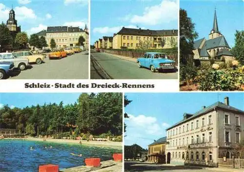 AK / Ansichtskarte 73998790 Schleiz Markt Otto Nuschke Strasse Bergkirche Schwimmbad HOG und Hotel Freundschaft