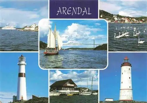 AK / Ansichtskarte  Arendal_Norge Ansichten vom Meer aus Leuchtturm Segelboot Kuestenpanorama Schwaene