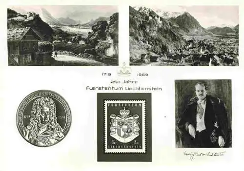 AK / Ansichtskarte  Liechtenstein_Fuerstentum Panorama Muenze Briefmarke Portrait Fuerst von Liechtenstein