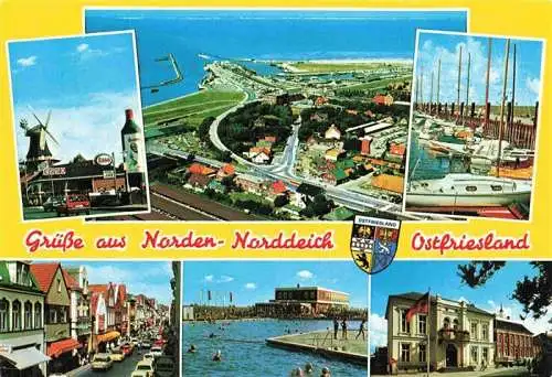 AK / Ansichtskarte  Norden__Norddeich_Nordseebad Windmuehle Fliegeraufnahme Bootsliegeplatz Ortspartie Badespass Rathaus