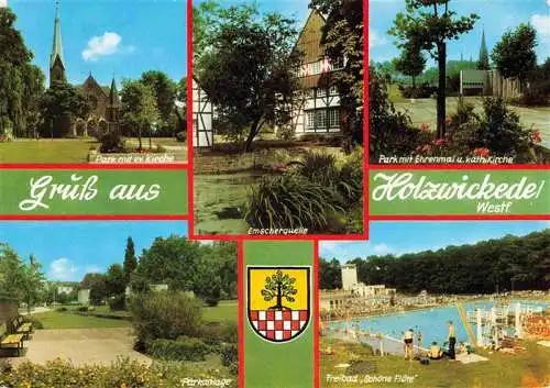 AK / Ansichtskarte  Holzwickede Park Kirche Parkanlage Emscherquelle Ehrenmal Kath Kirche Freibad Schoene Floete