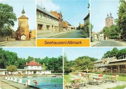 AK / Ansichtskarte  Seehausen_Altmark_Sachsen-Anhalt Beustertor Strasse der DSF Petrikirche Freibad Naherholungszentrum Baarsberge