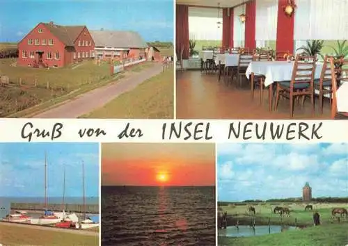 AK / Ansichtskarte  Insel_Neuwerk_Cuxhaven_Nordseebad Claus Fock Pension und Wattfahrten Gastraum Bootsliegeplatz Leuchtturm