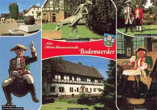 AK / Ansichtskarte  Bodenwerder Brunnen am Muehlentor Muenchhausen-Brunnen Muenchhausen auf der Kanonenkugel Diener Muenchhausen-Haus