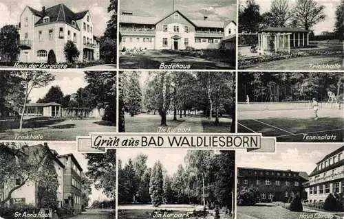 AK / Ansichtskarte  Bad_Waldliesborn Haus der Kurgaeste Badehaus Trinkhalle Kurpark St Anna Haus Tennisplatz Haus Carola