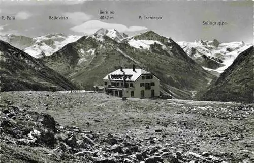 AK / Ansichtskarte  Muottas_Muragl_Muottas_Murail_2453m_GR Berghaus mit Piz Palue Bellavista Piz Bernina Sellagruppe Alpen