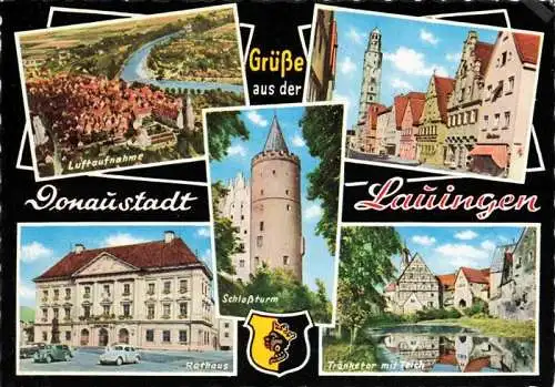 AK / Ansichtskarte  Lauingen_Donau Luftaufnahme Stadtzentrum Rathaus Schlossturm Traenketor mit Teich