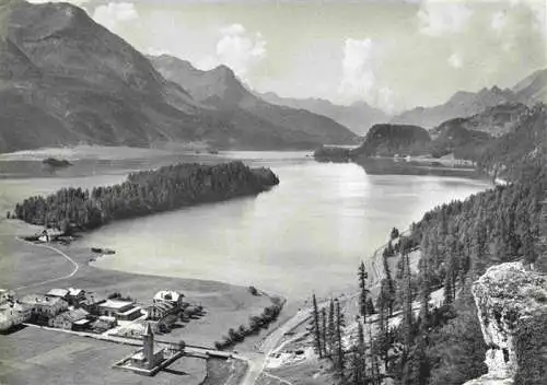 AK / Ansichtskarte  Sils_Baselgia_Engadin_Maloja_GR Silsersee und Chaste mit Blick gegen Isola und Maloja