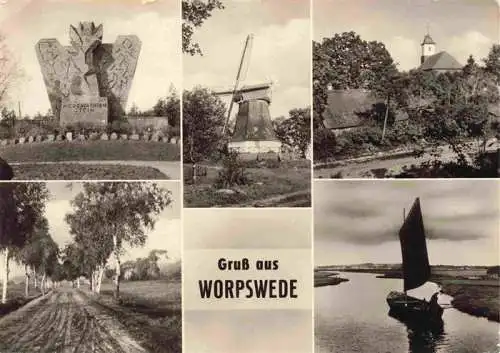 AK / Ansichtskarte  Worpswede Niedersachsen Stein Windmuehle Kirche Allee Segelboot