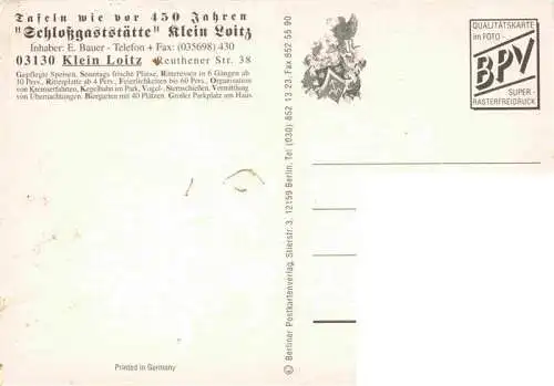 AK / Ansichtskarte  Klein_Loitz Tafeln wie vor 450 Jahren Schlossgaststaette Uhrturm anno 1894 Wappen